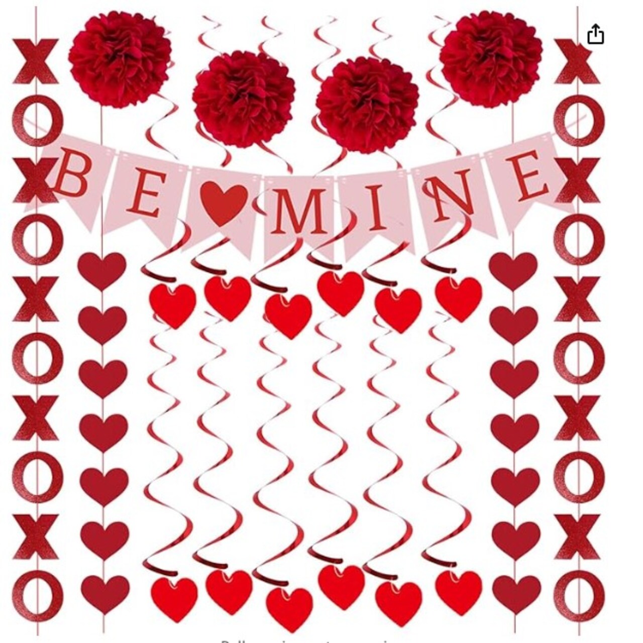 BE MINE Banner, Hanging Heart Swirls, XOXO Garlands, Flower Balls, Heart Strings Set for Romantic Special Night Wedding Engagement Proposal Decor, 21 Pcs Valentine's Day Decoration Set